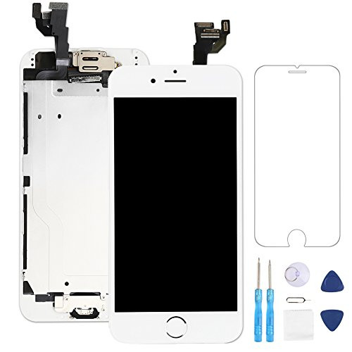 Screen Replacement for iphone 6 White 4.7" LCD Display Touch Digitizer Frame Assembly Full Repair Kit, with Home Button, Proximity Sensor, Ear Speaker, Front Camera, Screen Protector, Repair Tools