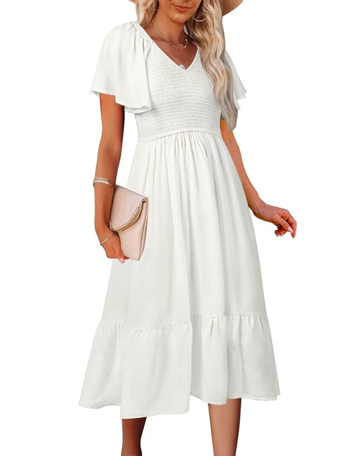 MEROKEETY Womens Summer Flutter Short Sleeve Smocked Midi Dress Flowy Tiered A Line Beach Dress, White, M