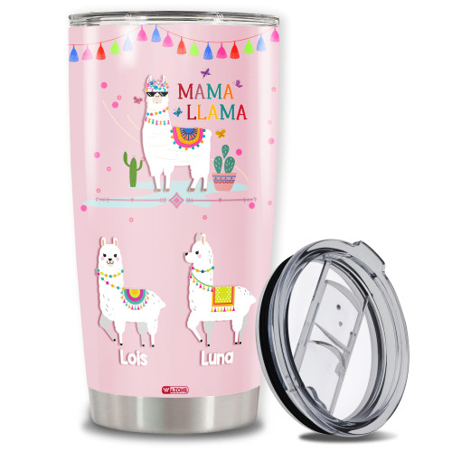 WAZONE Personalized Mama Llama Tumbler 20oz 30oz Custom 2 Names Child Insulated Drinking Cup Stainless Steel Travel Mug Mothers Day Christmas Birthday Gifts Cute For Mom Mommy