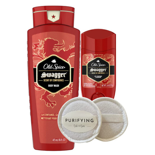 Purifying Gifts and Goods Old Spice Swagger Bundle - Old Spice Swagger Body Wash with Old Spice Swagger Deodorant and 2 Mens Loofah Sponge | Body Care Set for Guys | Great for College, Gym, Travel, Camping, Father's Day