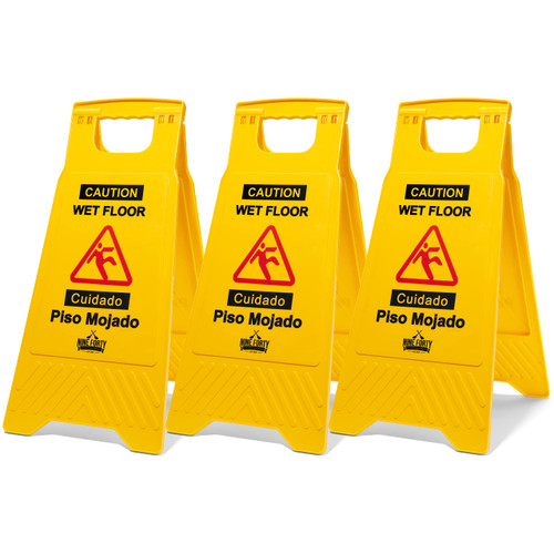 Nine Forty No-Pinch Handle Commercial Caution Wet Floor Sign | Sturdy and Durable Yellow 2-Sided Fold-Out A-Frame Design | Bilingual Message - 24" Height | Ideal for Indoor and Outdoor Use | Pack of 3