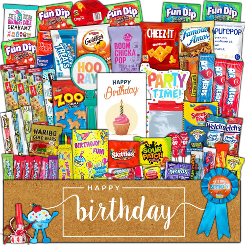 Birthday Party Care Package (50 Count) Snacks Food Cookies Bar Chips Candy Party Variety Gift Box Pack Assortment Basket Bundle Mix Bulk Sampler Treat College Students Kids Teens Office School