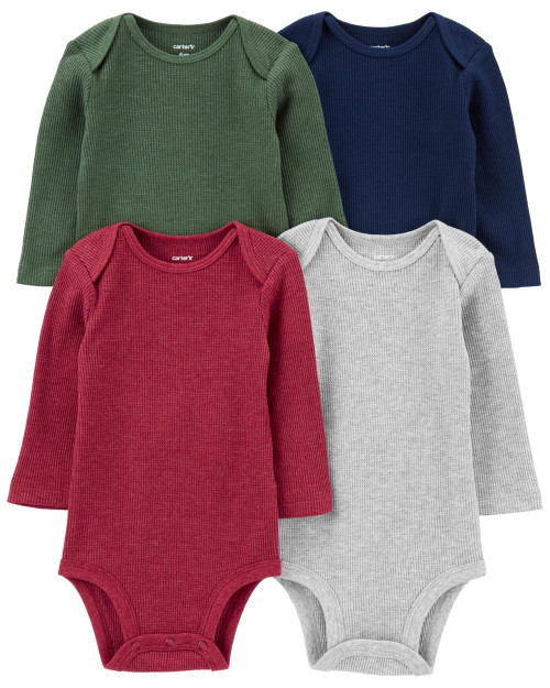 Carter's Baby Boys 4-Pack Long-Sleeve Bodysuits (3 Months, Waffle knit solids)