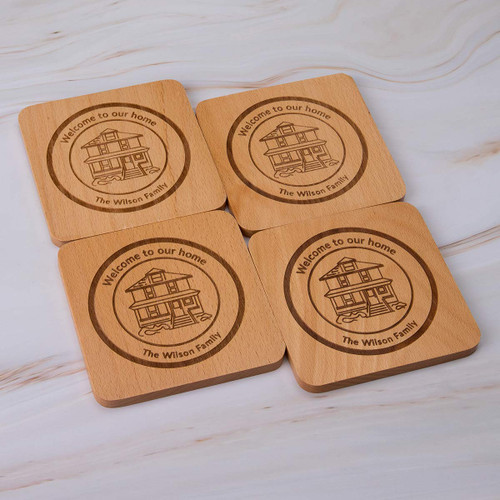 Personalized Monogram Beech Wood Coasters for Drinks - Personalized Wedding Gifts Bridal Shower Gifts - Custom Coasters Set of 8(#8 Home Style)