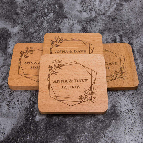 Personalized Monogram Beech Wood Coasters for Drinks - Personalized Wedding Gifts Bridal Shower Gifts - Custom Coasters Set of 8(#11 Names&Date Style)
