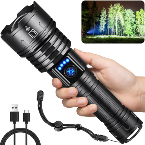 Flashlights High Lumens Rechargeable, 300000LM Super Bright Flashlight, Zoomable Tactical Flashlight, 5Mode Flash Light High Powered, Waterproof LED Flashlight for Camping, Hiking, Home, Emergencies