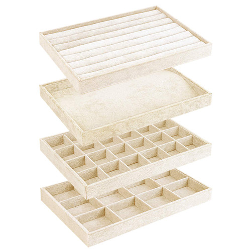 UIUIX Stackable Velvet Jewelry Trays Organizer for Drawer, Velvet Jewelry Storage Display Trays, Earring Necklace Bracelet Ring Organizer, Set of 4 (White)