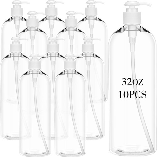 Tioncy 10 Pcs Shampoo Bottles 32 oz/ 1 Liter Shower Pump Bottles Lightweight Shampoo and Conditioner Dispenser Clear Refillable Shampoo Bottles Refillable with Pump for Shampoo and Conditioner (White)
