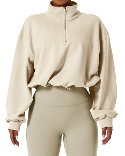 QINSEN Women's Half Zip Crop Sweatshirt High Neck Long Sleeve Pullover Athletic Cropped Tops Apricot M