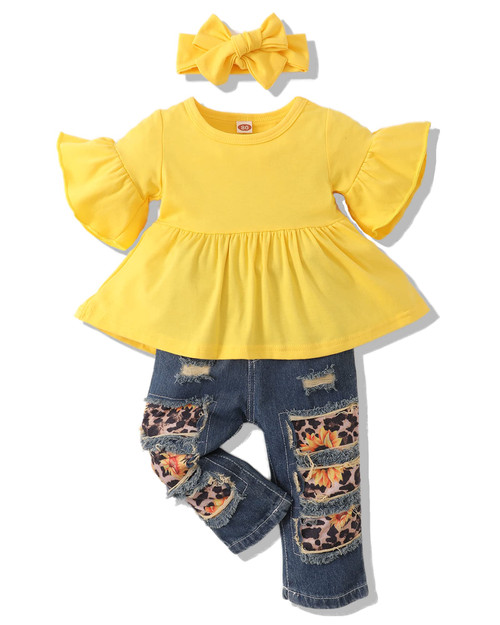 NZRVAWS Baby Girl Clothes 18 Months Infant Toddler Girl Outfits 24 Months Spring Summer Ruffle T-Shirt Ripped Jeans Leopard Denim Long Pants Headband 3pc Cute