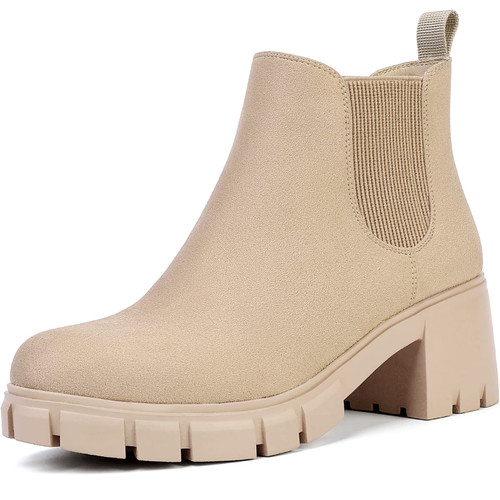 GOUPSKY Ankle Boots for Women Lug Sole Slip On Chelsea Booties Platform Chunky Mid Block Heel Suede Boot Nude 10