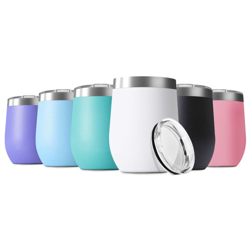 Deitybless 12oz Wine Tumbler with Lid Stainless Steel Wine Tumbler Cups Double Wall Vacuum Insulated Travel Mugs Stemless Cup(Set of 6, Assorted Colors)