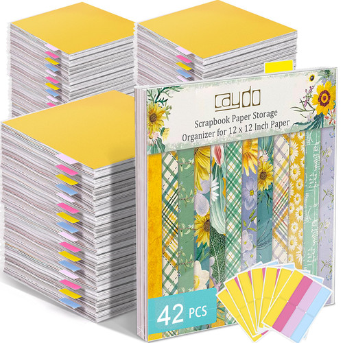 Caydo 42 Pieces Scrapbook Paper Storage Clear 12 x 12 Scrapbook Paper Organizer with Tabbed and Multicolor Sticky Index Tabs for Holding 100 Sheets Scrapbook Paper, Vinyl Paper