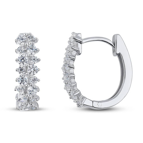 BERRICLE Sterling Silver Oval Cubic Zirconia CZ Double Row Medium Fashion Hoop Huggie Earrings for Women, Rhodium Plated 0.6"