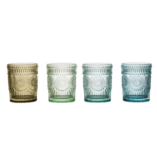 Creative Co-Op 12 oz. Embossed Drinking, 4 Colors Glasses and Bar Tools, Multi