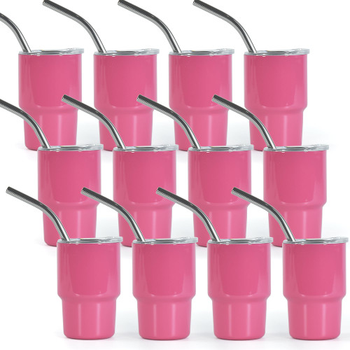 FECBK 3oz Mini Tumbler Shot Glass with Straw and Lid 12 Pcs Sublimation Shot Glasses Tumblers Blank Stainless Steel Cute Shot Glasses Set for Wedding Party Whiskey Cocktail Bar, Hot Pink