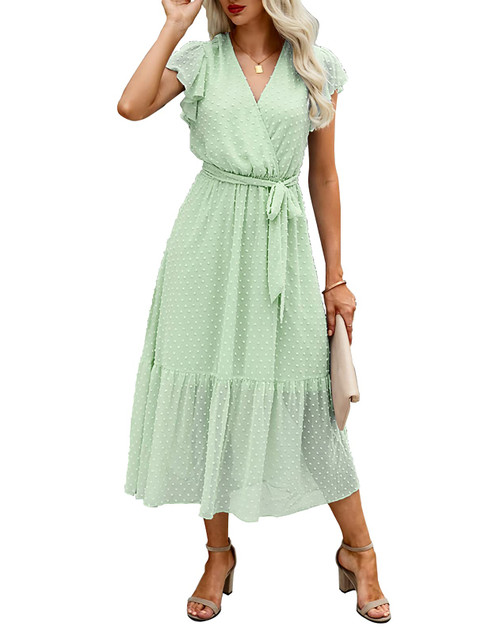 BTFBM Women Summer Bohemian Floral Casual Wrap V Neck Ruffle Cap Sleeveless Belt A-Line Pleated Hem Swing Midi Sun Dress (Swiss Dot Light Green, l) BTFBM Women Summer Bohemian Floral Casual Wrap V Neck Ruffle Cap Sleeveless Belt A-Line Pleated Hem Swing Midi Sun Dress (Swiss Dot Light Green, l)
