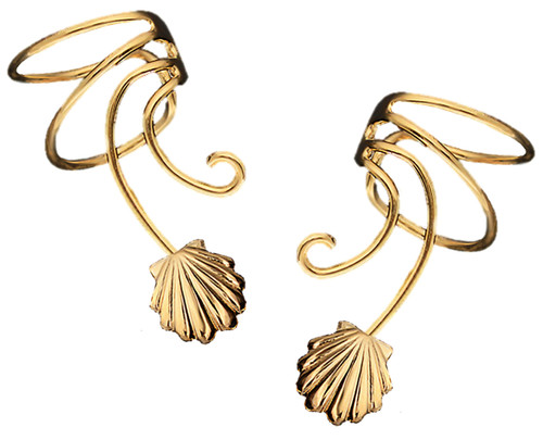 Sea Shell Pair Non-pierced Wave Ear Cuff Earring Gold On Sterling