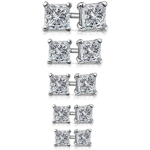 5 Pair Set 925 Sterling Silver Princess-cut Cubic Zirconia CZ Basket Square Stud Earrings Unisex