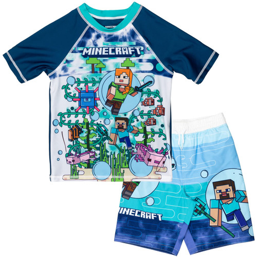 Minecraft Alex Steve Big Boys Rash Guard and Swim Trunks Swimsuit Set Blue 14-16