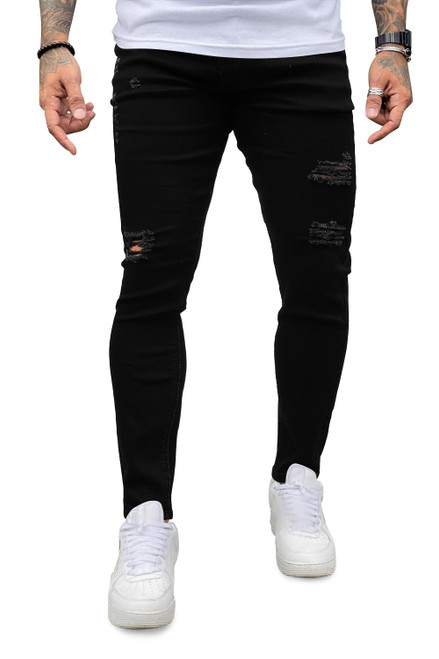 YRW Men's Slim Fit Stretch Jeans Black Ripped Skinny Distressed Straight Leg Fashion Comfort Cotton Jean Denim Pants Size 34