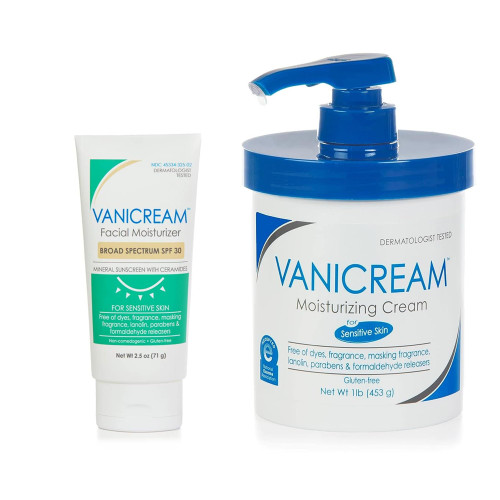 Vanicream Facial Moisturizer Broad Spectrum SPF 30 Mineral Sunscreen With Ceramides 2.5 Oz Tube + Moisturizing Cream For Senstive Skin with Pump 16 Oz