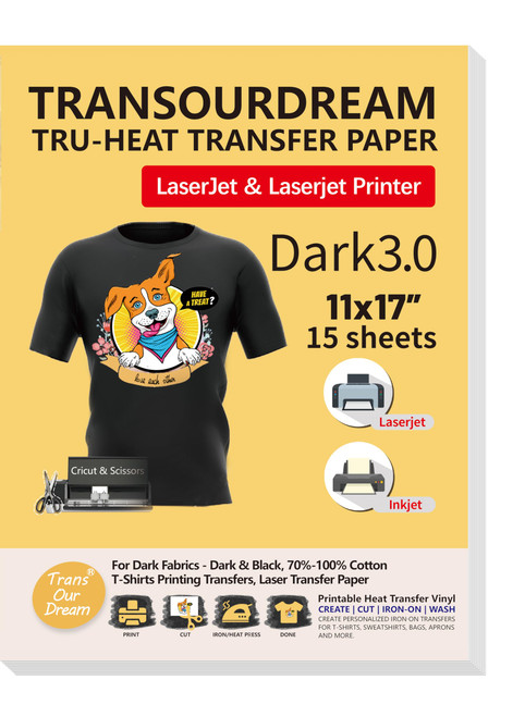 TransOurDream Iron on Heat Transfer Paper for Dark T Shirts (15 Sheets, 11x17", Dark 3.0) Printable HTV Heat Transfer Vinyl for Laserjet & Inkjet Printers TransOurDream Iron on Heat Transfer Paper for Dark T Shirts (15 Sheets, 11x17", Dark 3.0) Printable HTV Heat Transfer Vinyl for Laserjet & Inkjet Printers