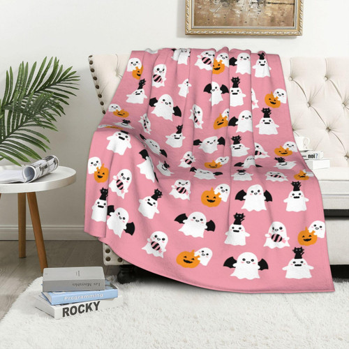Cute Pink Halloween Blanket Ghosts Blanket Halloween Spooky Pink and White Throw Blanket Soft Flannel Throws Blanket for Kids Boys Girls Bedroom Couch Sofa 60"x50"