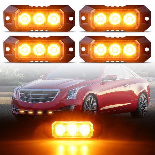 Raryloy 3-LED Surface Mount Strobe Lights for Trucks Car Vehicle Mini Grille Flashing Light Head Emergency Hazard Warning Grill Lamp Ultra Slim 4pcs Sync Feature (Amber)