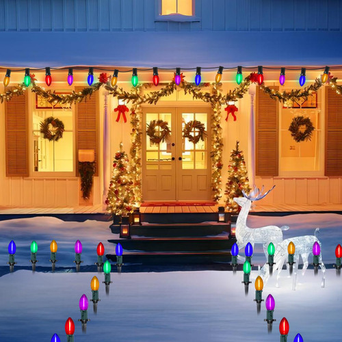 38FT LED C9 Multicolor Christmas Pathway Lights Outdoor,25 Weatherproof LED Christmas Walkway Lights with C9 Multicolor LED Bulbs and Stakes for Lawn Backyard snowfield Christmas Decorations