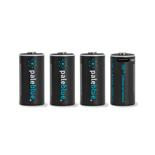 CR123A USB-C Rechargeable Batteries by Pale Blue, Lithium Ion 3V 860 mAh, Charges in 100 Minutes, Over 1000 Cycles, 4-in-1 USB-A to USB-C Charging Cable, LED Charge Indicator, 4-Pack CR123A USB-C Rechargeable Batteries by Pale Blue, Lithium Ion 3V 860 mAh, Charges in 100 Minutes, Over 1000 Cycles, 4-in-1 USB-A to USB-C Charging Cable, LED Charge Indicator, 4-Pack