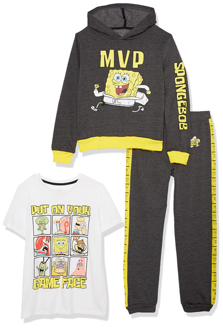 Nickelodeon boys Spongebob Squarepants Graphic Hoodie, Tee, & Jogger Sweatpant, 3-piece Athleisure Outfit Bundle Set T Shirt, Charcoal Heather/Yellow/White, 4 5 US
