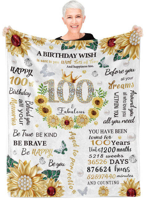 Gifts for 100 Year Old Woman, 60x80 Inch 100th Birthday Party Supplies for Older Women, Sunflower Throw Blanket Best 100th Birthday Decor, 100 Year Old Blankets Gift Ideas for Turning 100 Mom Grandma