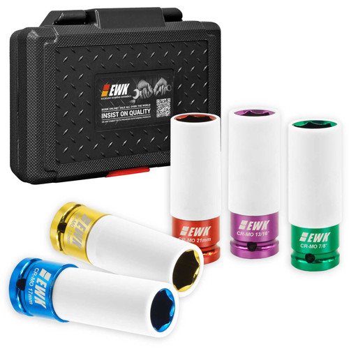 EWK 5 Pcs 1/2" Drive 17 19 21mm 7/8" 13/16" Lug Nut Impact Socket Set, Non-Marring Thin Wall Wheel Rim Protector Sockets, CR-MO, Mertic, SAE