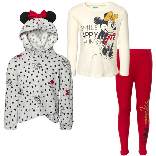 Disney Minnie Mouse Little Girls Pullover Fleece Hoodie T-Shirt and Leggings 3 Piece Outfit Gray/Red/White 6-6X Disney Minnie Mouse Little Girls Pullover Fleece Hoodie T-Shirt and Leggings 3 Piece Outfit Gray/Red/White 6-6X