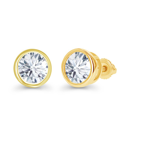 Yellow Gold Plated 925 Sterling Silver 7mm Round Bezel Set Created White Sapphire April Birthstone Screwback Stud Earrings