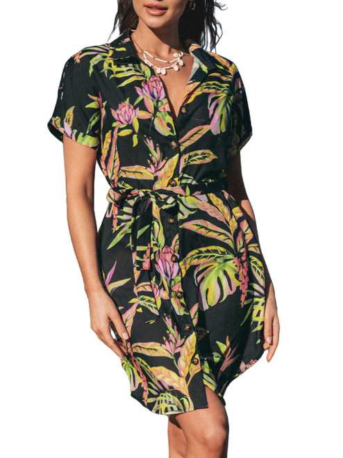 CUPSHE Women's Tropical Leaf Shirt Collar Dress Mini Summer Dress