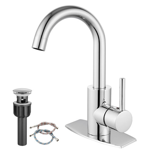 Airuida Single Hole Bathroom Sink Faucet Chrome Polish Single Handle Bar Sink Faucet SUS304 Pre-Kitchen Farmhouse RV Small Vanity Lavatory Mixer Tap 360 Degree Swivel Spout Faucet with Pop Up Drain
