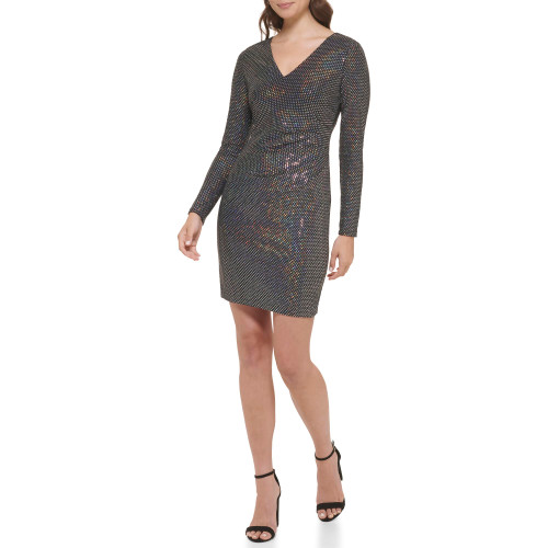 GUESS Women's Sparkle Long Sleeve V-Neck Dress, Multi