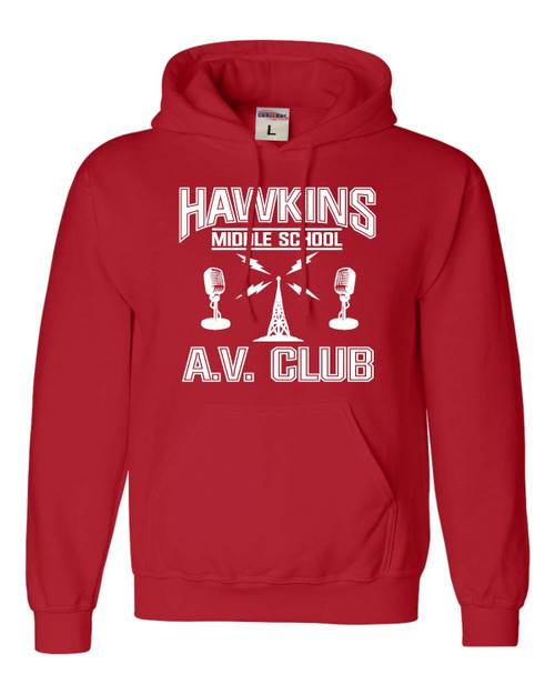 Go All Out Small Red Mens Hawkins Middle School AV Club Sweatshirt Hoodie