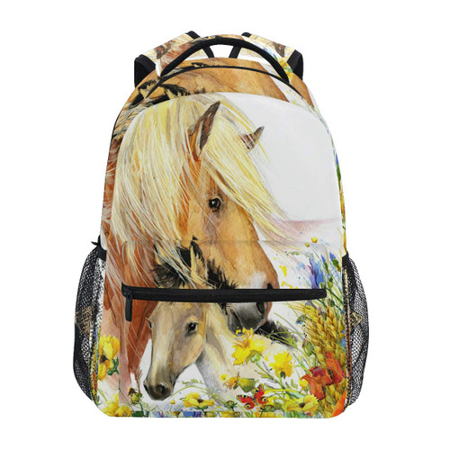 Backpack Animal Horse Flower Floral School Shoulder Bag Large Waterproof Durable Bookbag Laptop Daypack for Students Teens Girls Boys Elementary