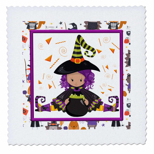 3dRose Cute Halloween Witch with Cauldron and Purple Hair - Quilt Squares (qs-369180-10)