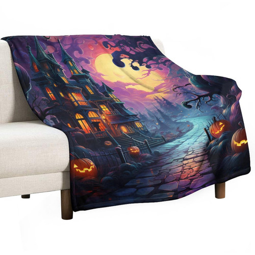 Throw Blanket for Couch Haunted House Castle Moon Pumpkins Super Soft Flannel Throw Blanket Happy Halloween Holiday Blanket 50"x60" Throw Size Warm Plush Blankets for All Season for Kids and Adults Throw Blanket for Couch Haunted House Castle Moon Pumpkins Super Soft Flannel Throw Blanket Happy Halloween Holiday Blanket 50"x60" Throw Size Warm Plush Blankets for All Season for Kids and Adults