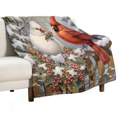 Warm Blanket Snow Winter and Red Cardinals Soft Flannel Cozy Blankets Red Birds Berry Pine Tree Branch Pinecone Blanket 50"x60" for Bed Couch Sofa Gifts for Adults