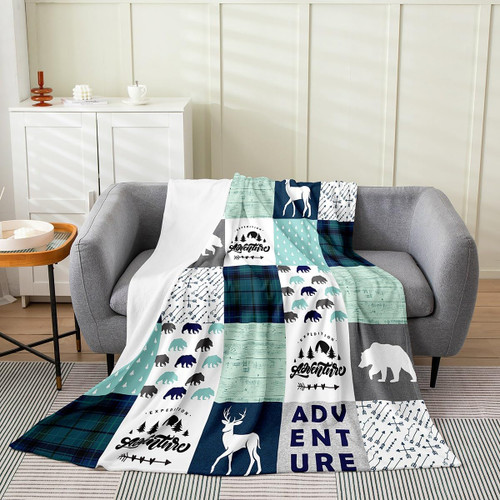 Feelyou Cute Bear Deer Plush Throw Blanket, for Sofa Couch Kids Boys Girls Rustic Cabin Country Flannel Fleece Blanket Twin 60"x80" Wild Animal All Season,Bed Blanket Decor Blue Teal White