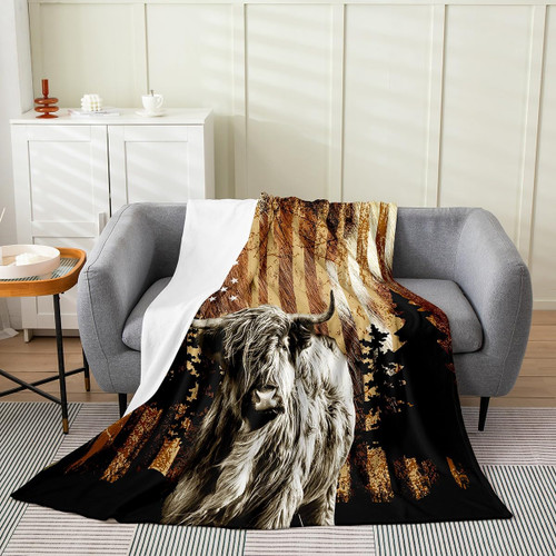 Feelyou Highland Cow Plush Throw Blanket, for Sofa Couch Boys Girls Highland Cattle Flannel Fleece Blanket Twin 60"x80" American Flag Animal All Season,Bed Blanket Western Decor