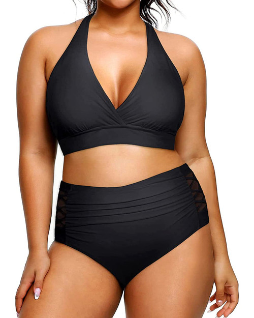 Yonique Womens Two Piece Plus Size Halter Bikini Swimsuits High Waisted Swimwear Tummy Control Bathing Suits Black 18Plus