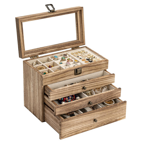 Yoimori Jewelry Box for Women, 4-Layer Jewelry Boxes & Organizers for Storage Necklaces Rings Earrings Bracelets Watches, Farmhouse Style Wood Jewelry Boxes with Glass Lid (Torched Wood Color) Yoimori Jewelry Box for Women, 4-Layer Jewelry Boxes & Organizers for Storage Necklaces Rings Earrings Bracelets Watches, Farmhouse Style Wood Jewelry Boxes with Glass Lid (Torched Wood Color)
