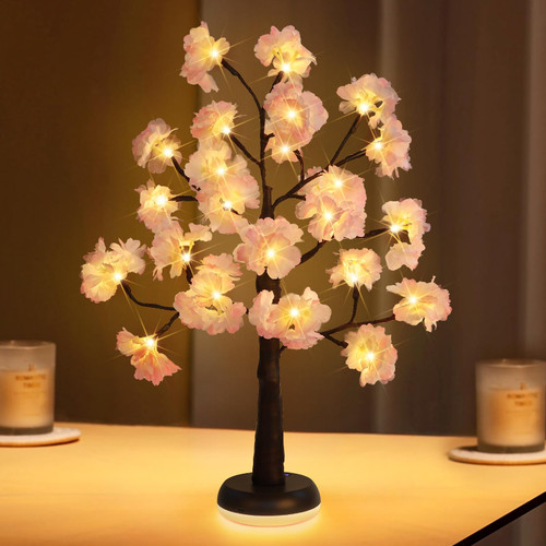 Lighted Cherry Blossom Tree, 23 IN Artificial Cherry Blossom Tree With LED Lights, Battery and USB-C Powered Tree Lamp, Fairy Night Light For Bedside, Wedding, Living Room, Home Decor Indoor