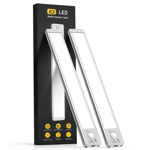 Under Cabinet Lights, 63 LED Rechargeable Battery Operated Motion Sensor Light Indoor, 2 Pack Magnetic Dimmable Closet Lights, Wireless Under Counter Lights for Kitchen, Stairs, Hallway (14.7inch)